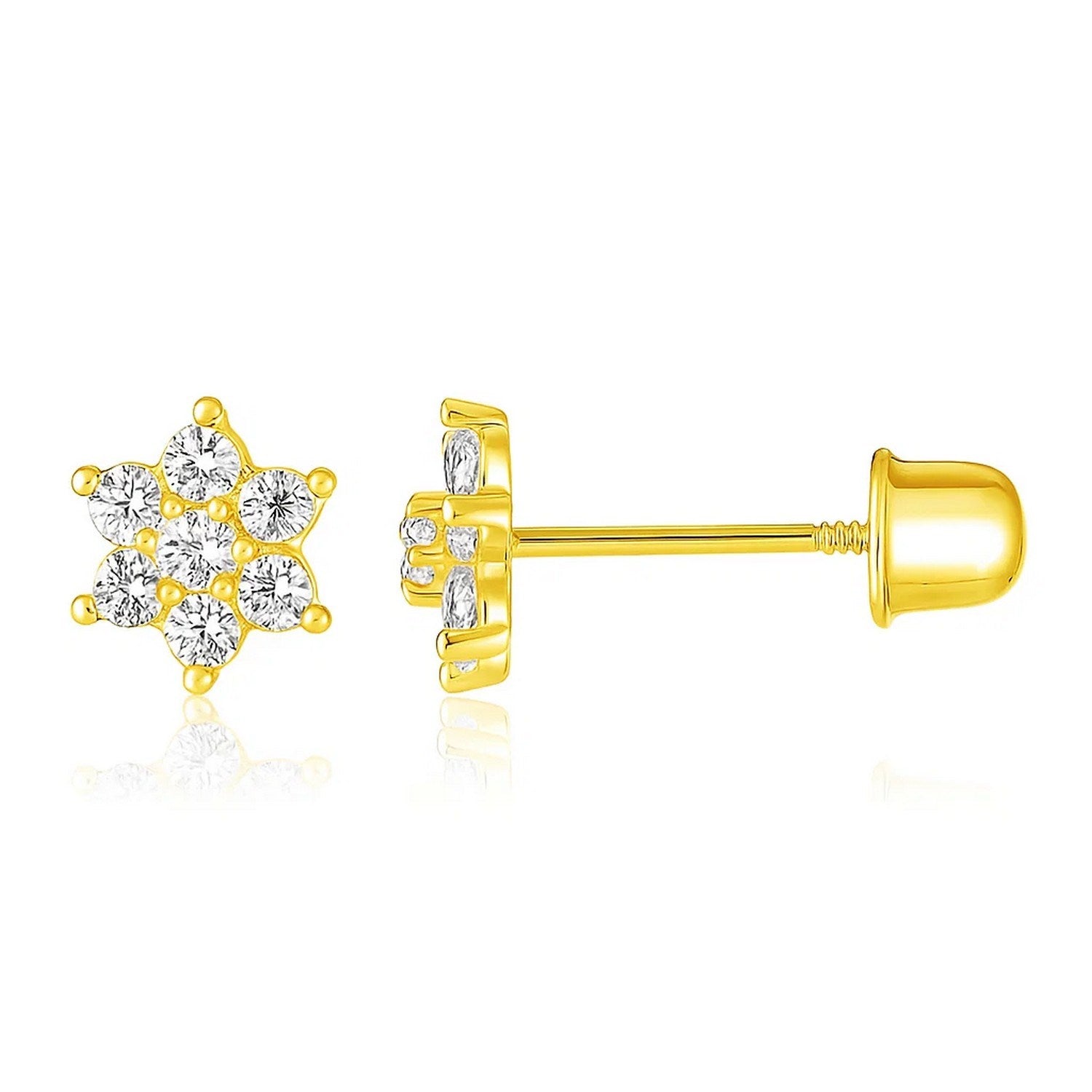 14k Yellow Gold Flower Childrens Earrings(5mm) in a sleek high-contrast midnight luxury editorial style